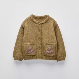 Zara Tan Knit Cardigan with Pink Floral Details
